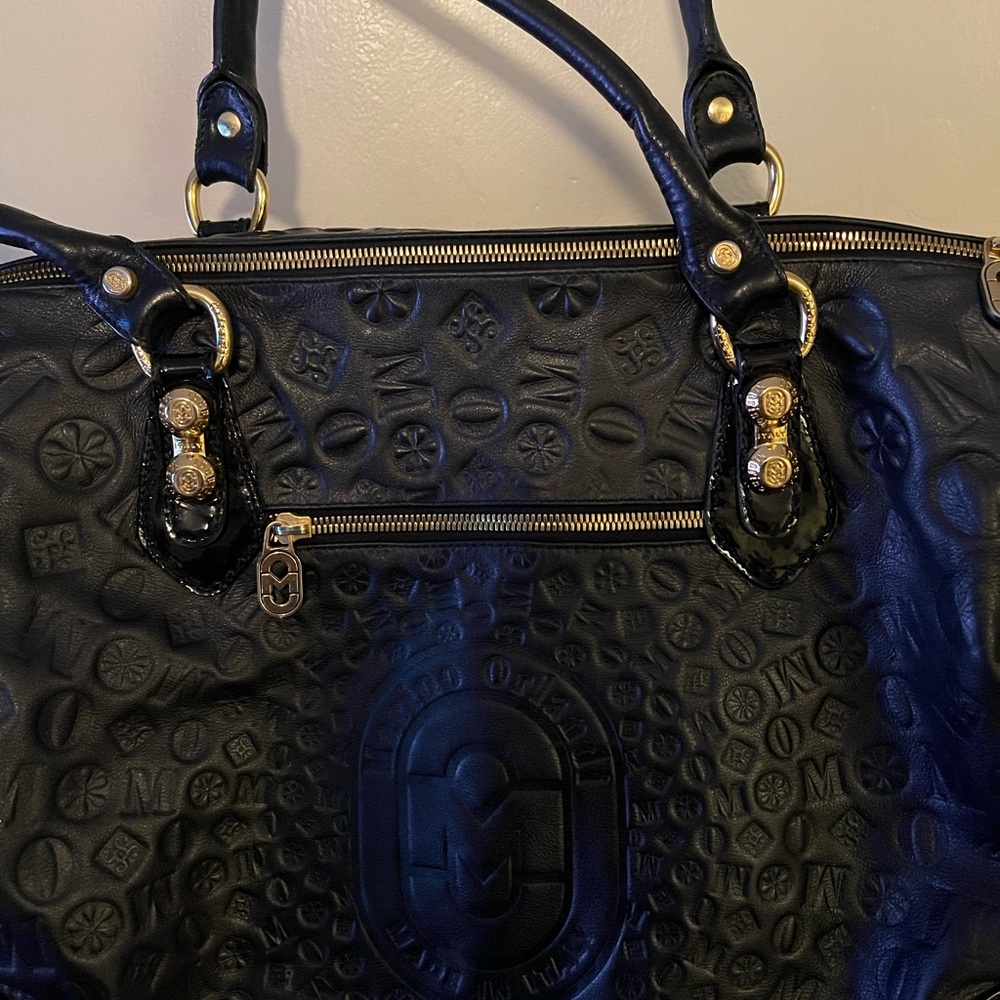 Marino Orlandi Black Leather Embossed Large Shoulder Handbag